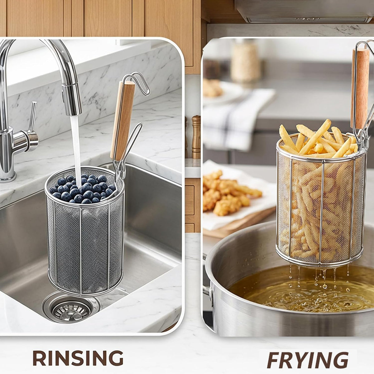 Spaghetti Pasta Strainer Spoon, Stainless Steel Noodle Strainer with Wood Handle, Kitchen Mesh Spider Strainer Food Strainer, Deep Fry Basket for Rinsing, Straining, Draining