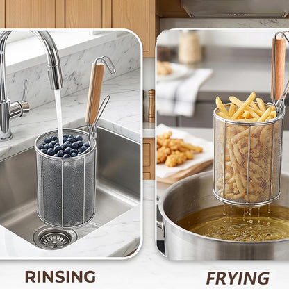 Spaghetti Pasta Strainer Spoon, Stainless Steel Noodle Strainer with Wood Handle, Kitchen Mesh Spider Strainer Food Strainer, Deep Fry Basket for Rinsing, Straining, Draining