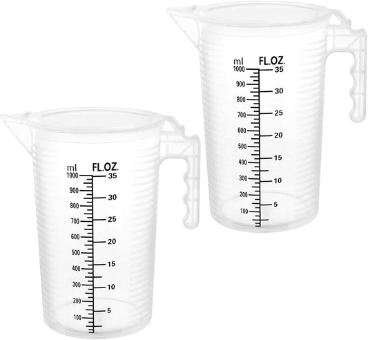 2 Pack 32oz (1 Quart) Measuring Pitcher - Plastic, Multipurpose, Polypropylene, with Clear Ounce & Milliliter Markings, Dustproof Lid, for Cooking, Home Hobbies, Shop Oil and Fluids