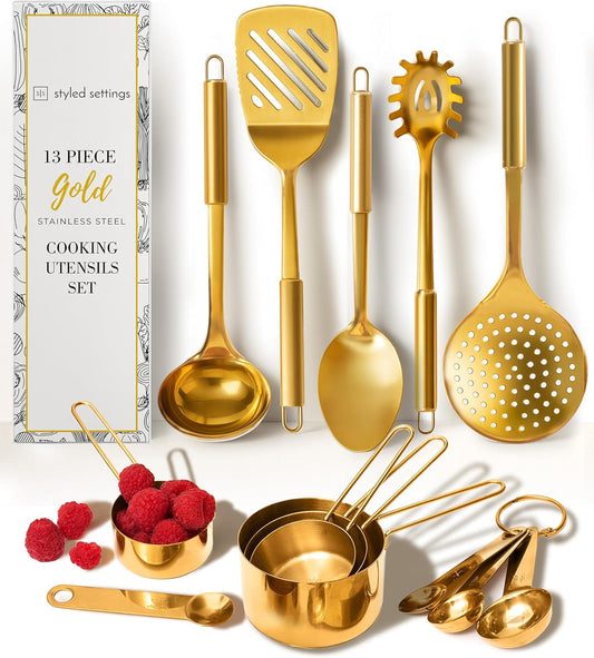 Gold Cooking Utensils with Measuring Cups & Spoons,13-Piece | Stainless Steel, Includes utensils, measuring cups, 13-Piece Gold Kitchen Accessories Includes Metal Measuring