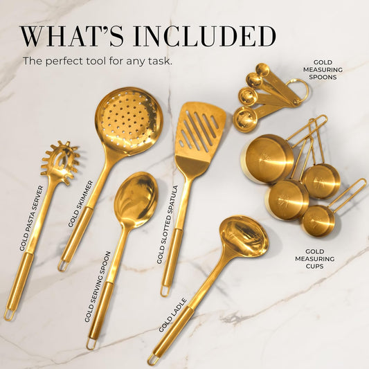 Gold Cooking Utensils with Measuring Cups & Spoons,13-Piece | Stainless Steel, Includes utensils, measuring cups, 13-Piece Gold Kitchen Accessories Includes Metal Measuring