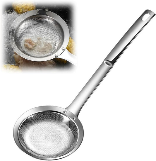 Fine Mesh Strainer with Handle, Stainless Steel Fat Skimmer Spoon, Oil Colander Food Strainer for Skimming Grease and Foam DIA 4.4" (Large)