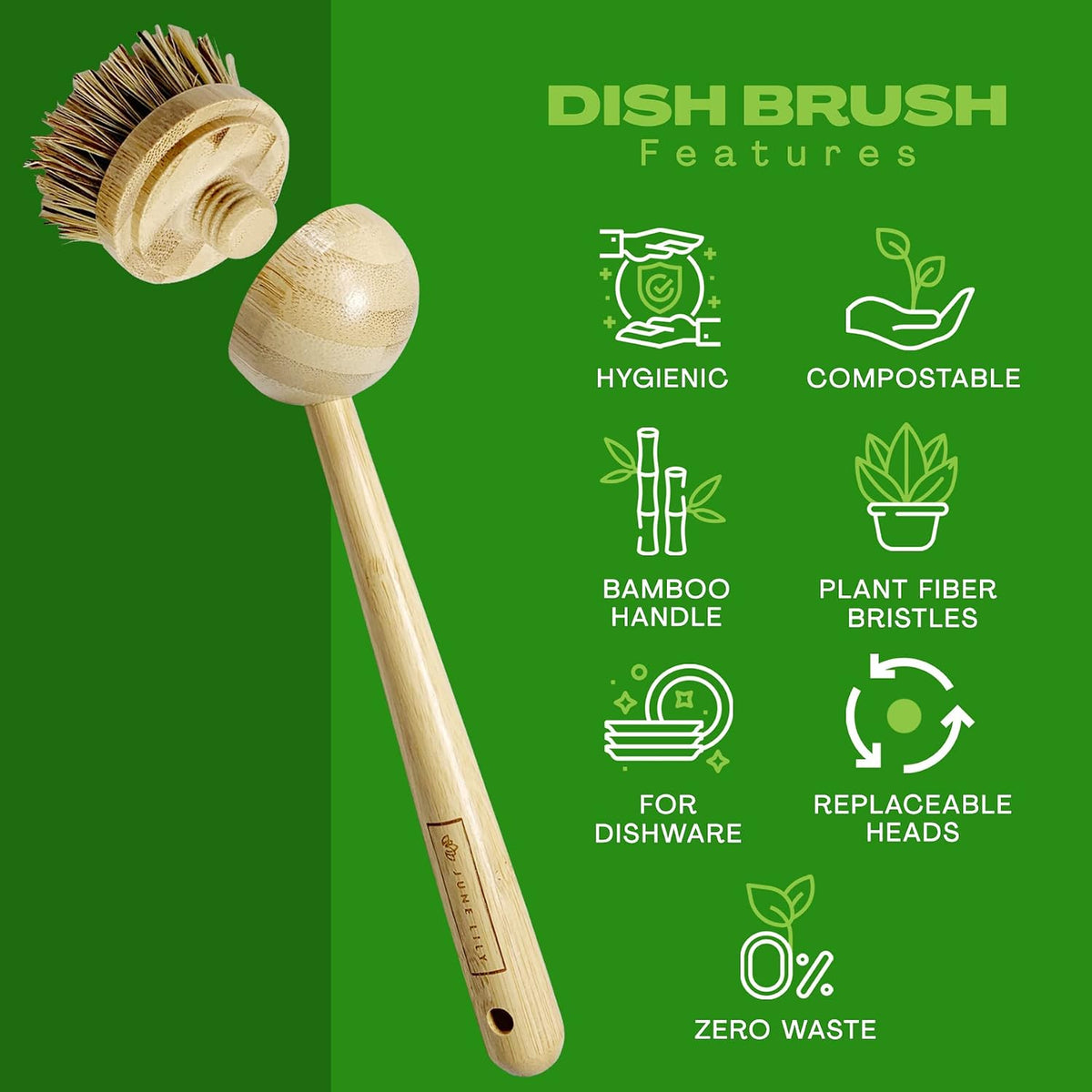 Long Coconut Dish Brush Plant-Based Vegan for Kitchen Bathroom Cleaning Produce Washing Dishes (Long Dish Brush & Coconut Brush Head)