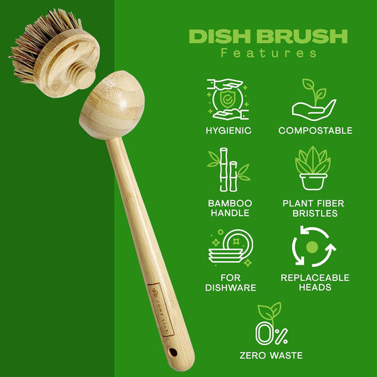 Long Coconut Dish Brush Plant-Based Vegan for Kitchen Bathroom Cleaning Produce Washing Dishes (Long Dish Brush & Coconut Brush Head)