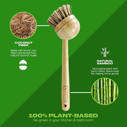 Long Coconut Dish Brush Plant-Based Vegan for Kitchen Bathroom Cleaning Produce Washing Dishes (Long Dish Brush & Coconut Brush Head)