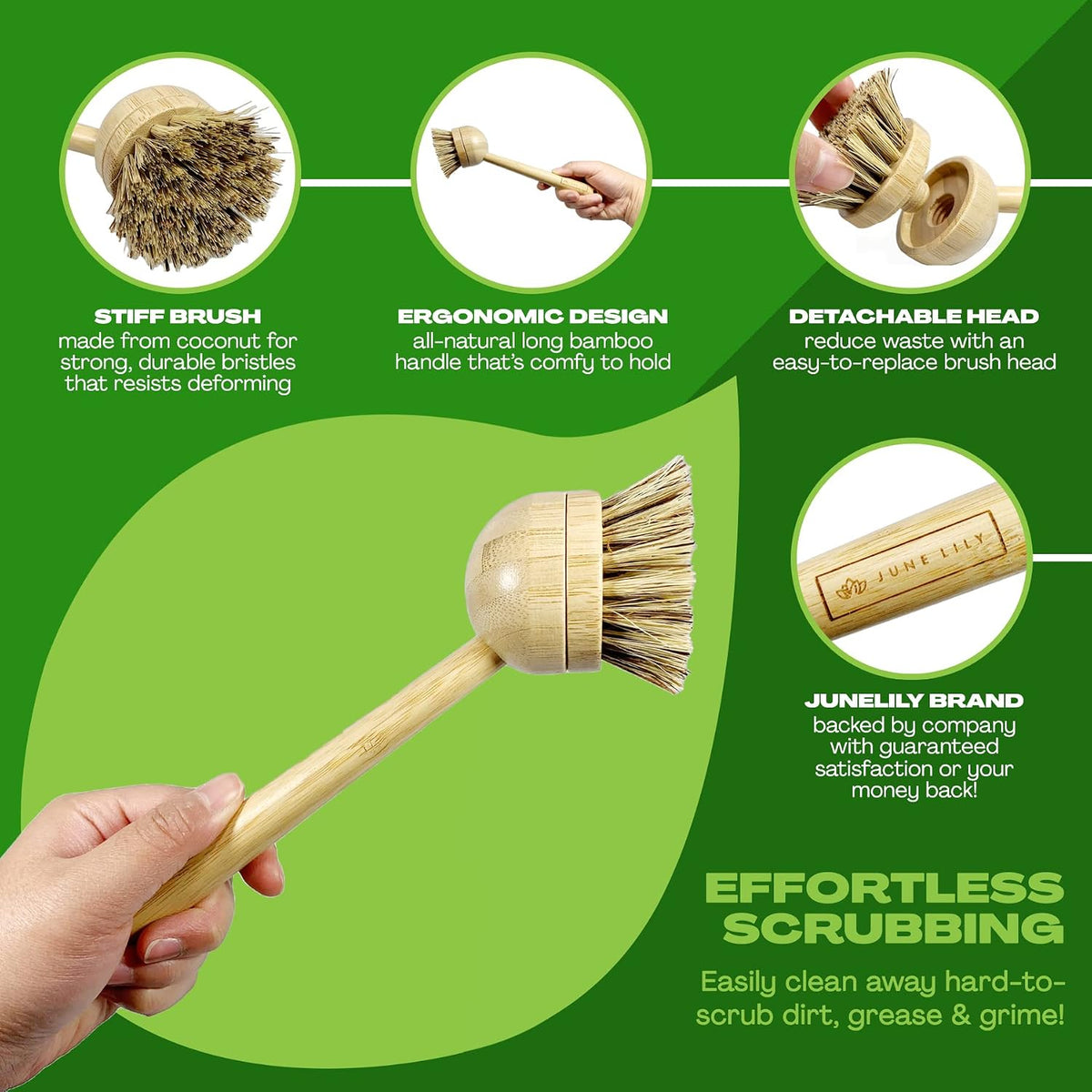 Long Coconut Dish Brush Plant-Based Vegan for Kitchen Bathroom Cleaning Produce Washing Dishes (Long Dish Brush & Coconut Brush Head)