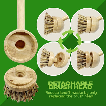 Long Coconut Dish Brush Plant-Based Vegan for Kitchen Bathroom Cleaning Produce Washing Dishes (Long Dish Brush & Coconut Brush Head)