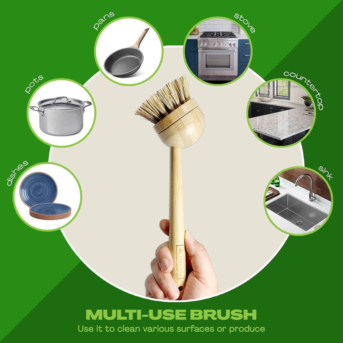 Long Coconut Dish Brush Plant-Based Vegan for Kitchen Bathroom Cleaning Produce Washing Dishes (Long Dish Brush & Coconut Brush Head)