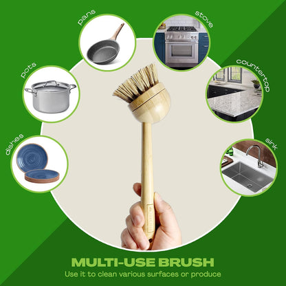 Long Coconut Dish Brush Plant-Based Vegan for Kitchen Bathroom Cleaning Produce Washing Dishes (Long Dish Brush & Coconut Brush Head)