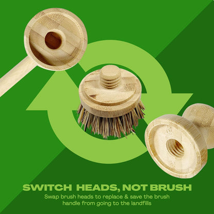 Long Coconut Dish Brush Plant-Based Vegan for Kitchen Bathroom Cleaning Produce Washing Dishes (Long Dish Brush & Coconut Brush Head)