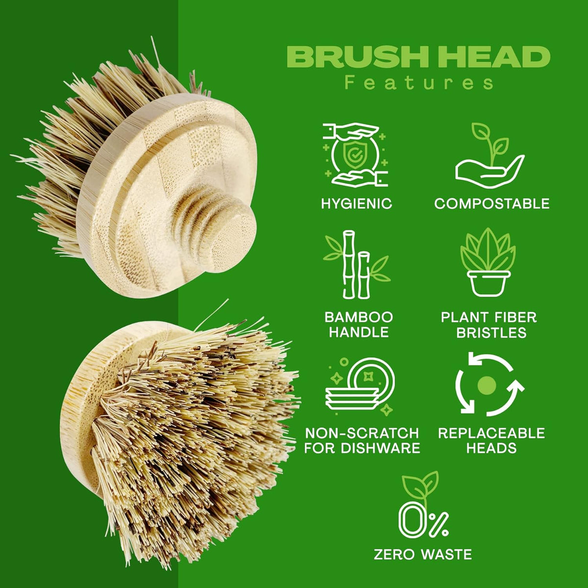 Long Coconut Dish Brush Plant-Based Vegan for Kitchen Bathroom Cleaning Produce Washing Dishes (Long Dish Brush & Coconut Brush Head)