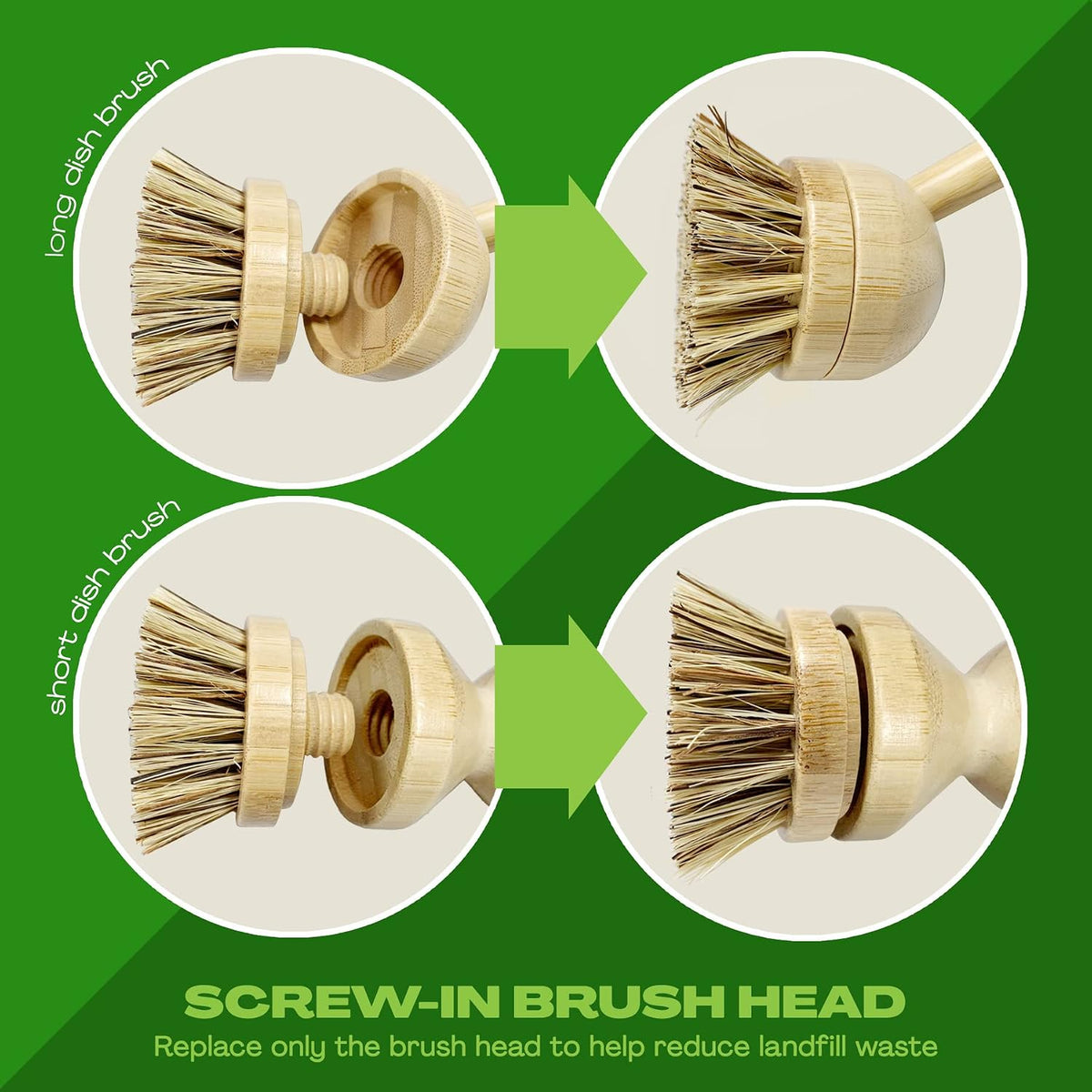 Long Coconut Dish Brush Plant-Based Vegan for Kitchen Bathroom Cleaning Produce Washing Dishes (Long Dish Brush & Coconut Brush Head)
