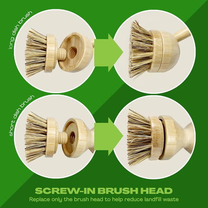 Long Coconut Dish Brush Plant-Based Vegan for Kitchen Bathroom Cleaning Produce Washing Dishes (Long Dish Brush & Coconut Brush Head)