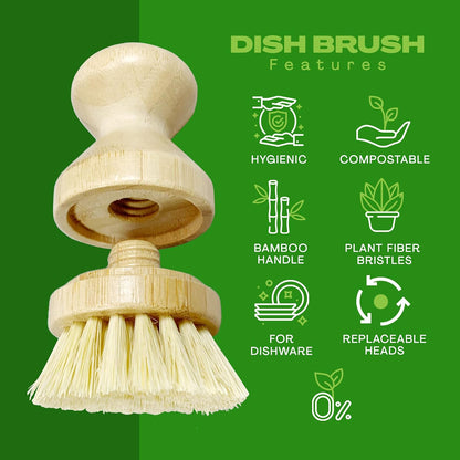 Long Coconut Dish Brush Plant-Based Vegan for Kitchen Bathroom Cleaning Produce Washing Dishes (Long Dish Brush & Coconut Brush Head)