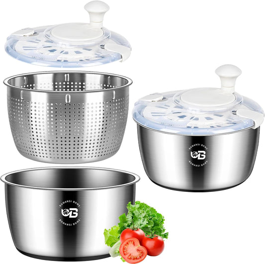 5.3 Qt Stainless Steel Salad Spinner, Large Salad Spinners Vegetable Spinner, Lettuce Spinner, Fruit Washer, Dishwasher Safe, 304 Stainless Steel Bowl & Basket, Beige