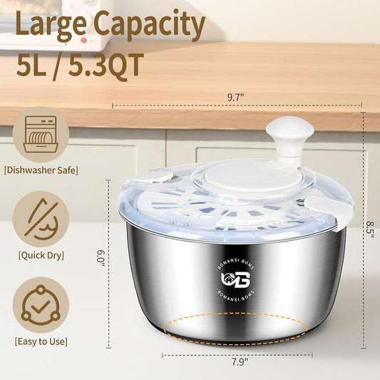 5.3 Qt Stainless Steel Salad Spinner, Large Salad Spinners Vegetable Spinner, Lettuce Spinner, Fruit Washer, Dishwasher Safe, 304 Stainless Steel Bowl & Basket, Beige