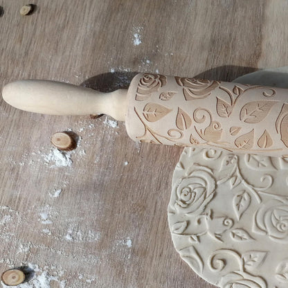 Wooden Embossed Rolling Pin for Baking, Rose Flower Embossed Engraved Carved Rolling Pin, Wooden Roll Pin Laser Engraved Rolling Pin DIY Tool for Making Cookie Dough Crusts Pies Pastry