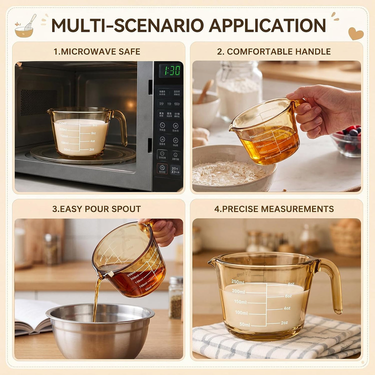 3 Pack Glass Measuring Cups 1, 2 & 4 Cup, Measuring Cups for Liquid
