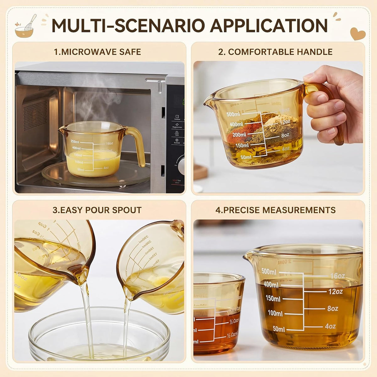3 Pack Glass Measuring Cups 1, 2 & 4 Cup, Measuring Cups for Liquid
