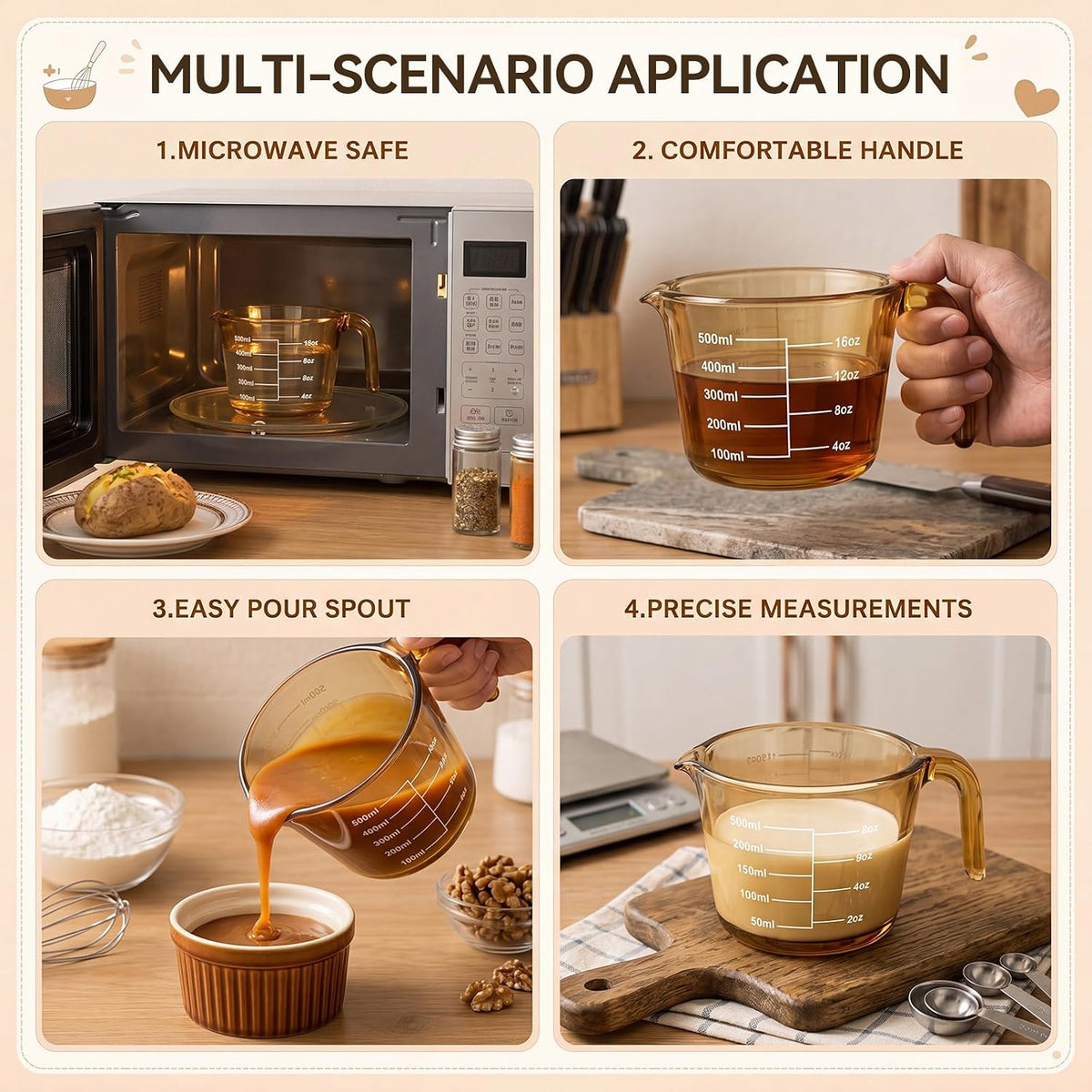3 Pack Glass Measuring Cups 1, 2 & 4 Cup, Measuring Cups for Liquid
