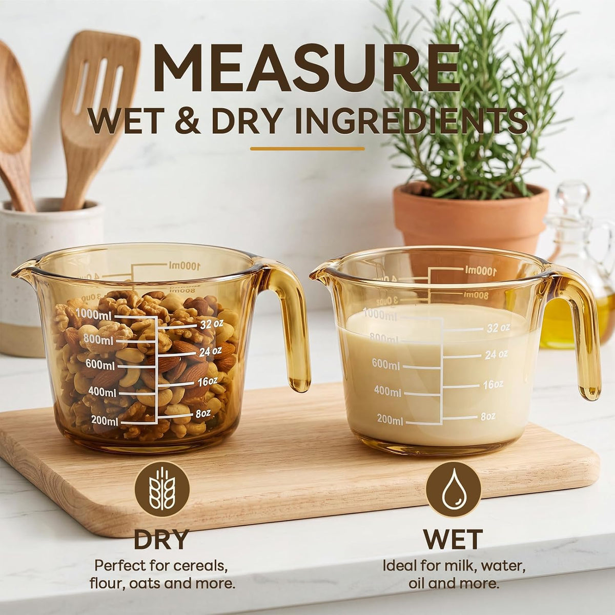3 Pack Glass Measuring Cups 1, 2 & 4 Cup, Measuring Cups for Liquid