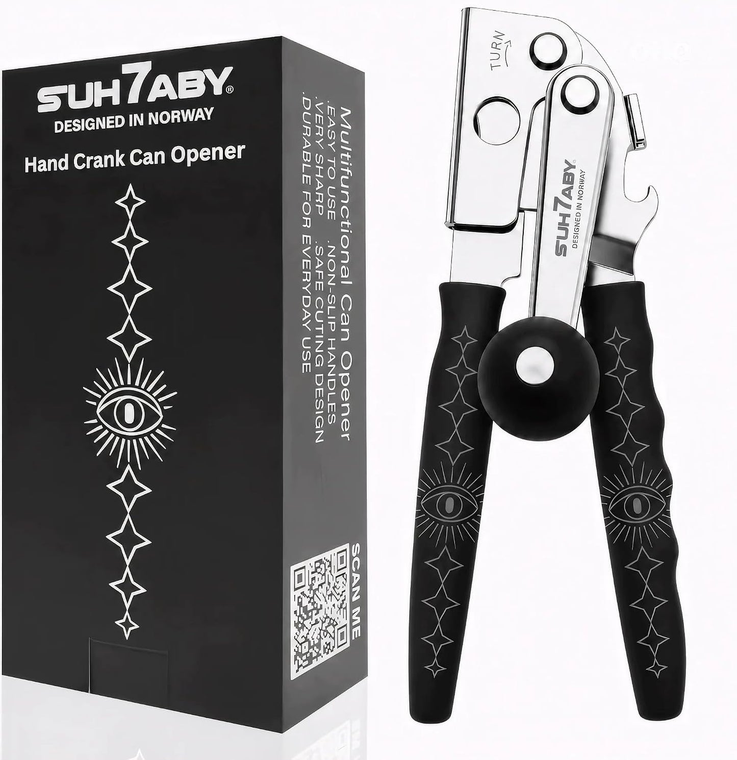 Manual Can Opener with Magnet, Heavy Duty Hand Can and Bottle Opener with Stainless Steel Blade and Rubber Grip, Smooth Cutting Hand Can Openers for Senior, Magnetic Lid Remover Kitchen Tool (Black)
