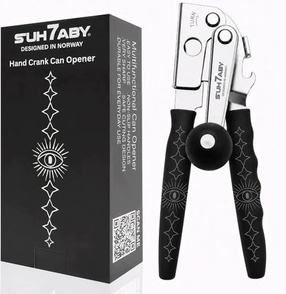 Manual Can Opener with Magnet, Heavy Duty Hand Can and Bottle Opener with Stainless Steel Blade and Rubber Grip, Smooth Cutting Hand Can Openers for Senior, Magnetic Lid Remover Kitchen Tool (Black)