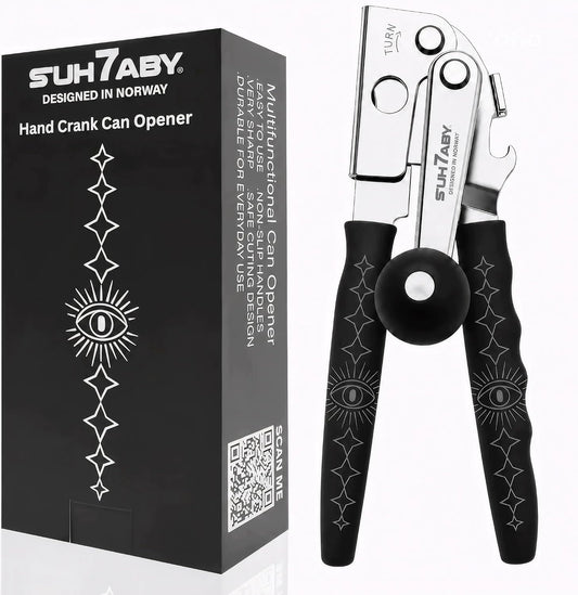 Manual Can Opener with Magnet, Heavy Duty Hand Can and Bottle Opener with Stainless Steel Blade and Rubber Grip, Smooth Cutting Hand Can Openers for Senior, Magnetic Lid Remover Kitchen Tool (Black)