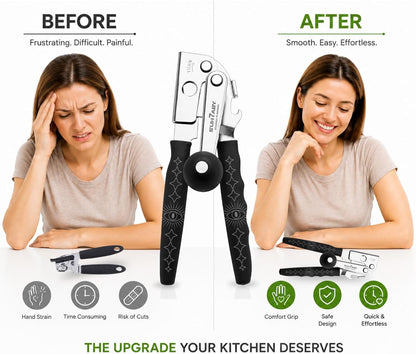 Manual Can Opener with Magnet, Heavy Duty Hand Can and Bottle Opener with Stainless Steel Blade and Rubber Grip, Smooth Cutting Hand Can Openers for Senior, Magnetic Lid Remover Kitchen Tool (Black)