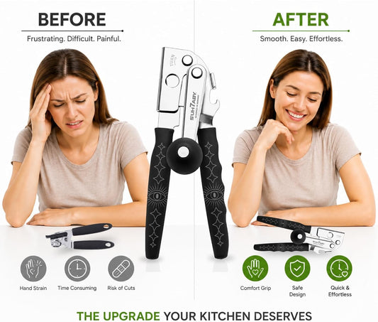 Manual Can Opener with Magnet, Heavy Duty Hand Can and Bottle Opener with Stainless Steel Blade and Rubber Grip, Smooth Cutting Hand Can Openers for Senior, Magnetic Lid Remover Kitchen Tool (Black)