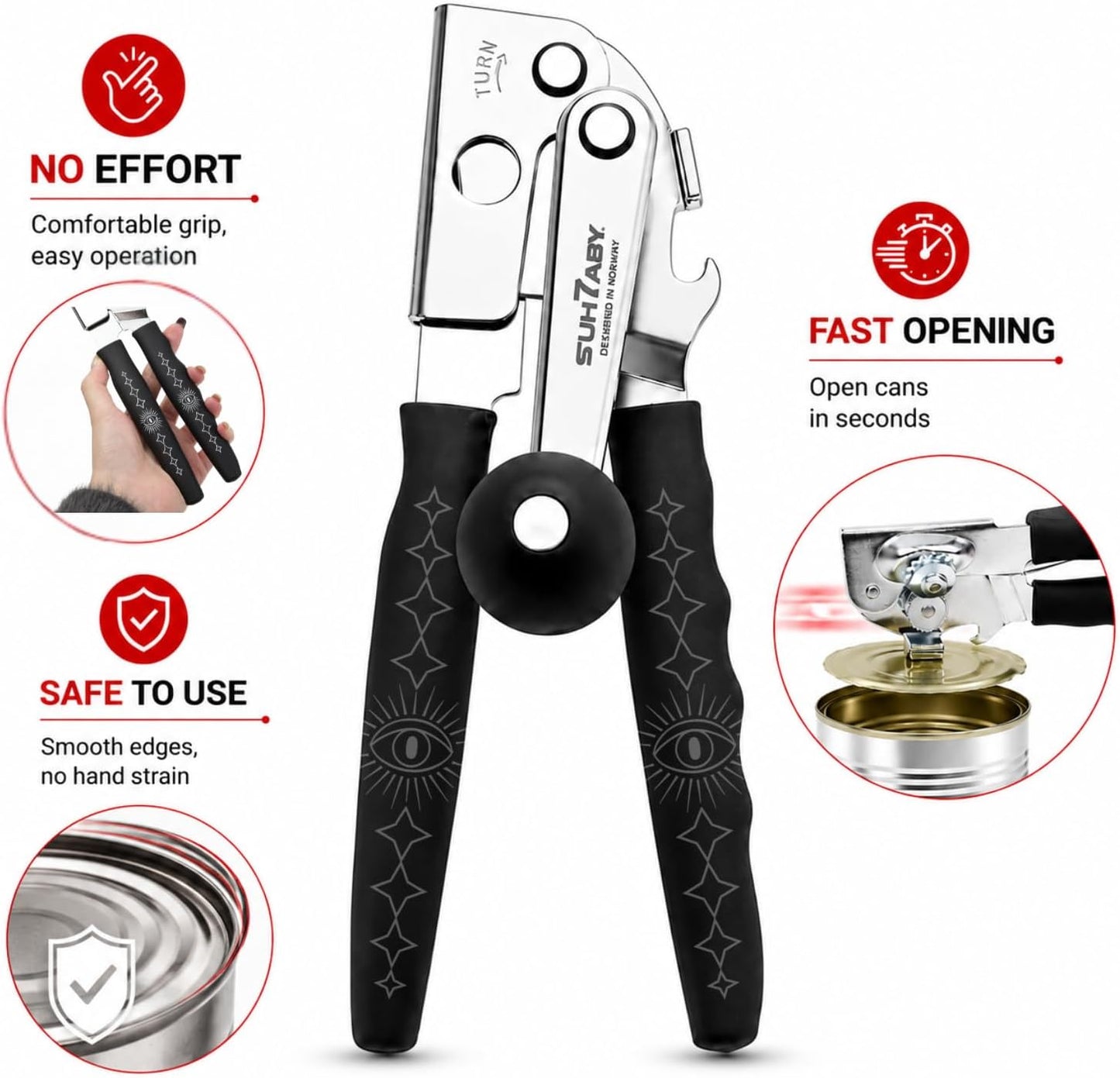 Manual Can Opener with Magnet, Heavy Duty Hand Can and Bottle Opener with Stainless Steel Blade and Rubber Grip, Smooth Cutting Hand Can Openers for Senior, Magnetic Lid Remover Kitchen Tool (Black)