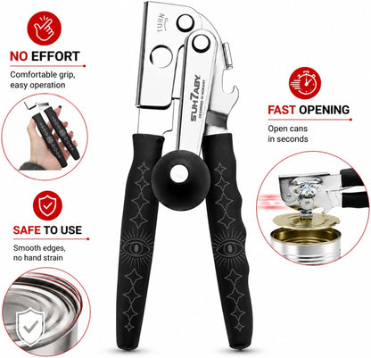 Manual Can Opener with Magnet, Heavy Duty Hand Can and Bottle Opener with Stainless Steel Blade and Rubber Grip, Smooth Cutting Hand Can Openers for Senior, Magnetic Lid Remover Kitchen Tool (Black)