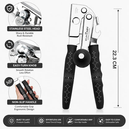 Manual Can Opener with Magnet, Heavy Duty Hand Can and Bottle Opener with Stainless Steel Blade and Rubber Grip, Smooth Cutting Hand Can Openers for Senior, Magnetic Lid Remover Kitchen Tool (Black)