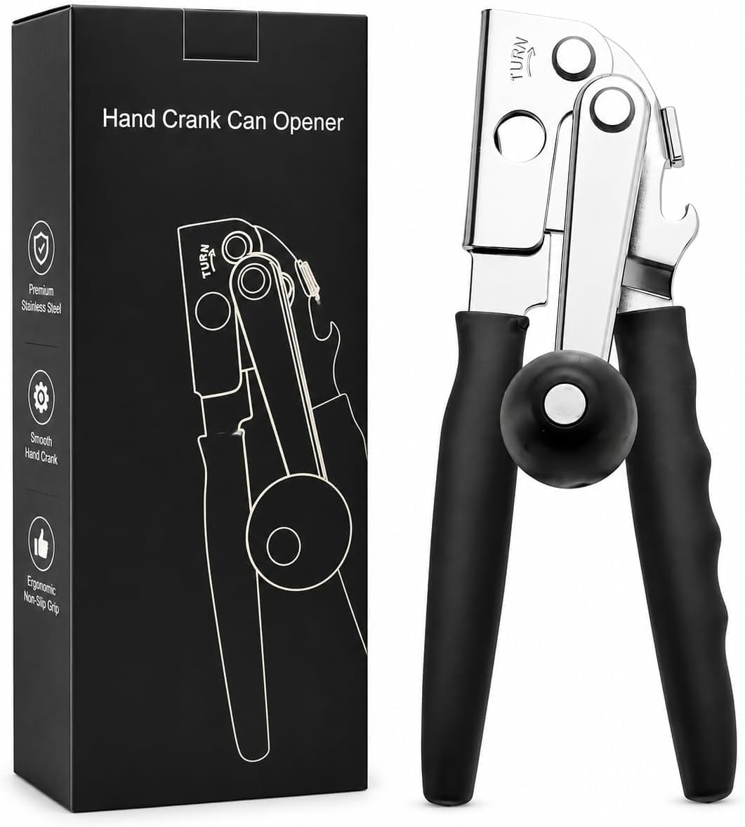 Manual Can Opener with Magnet, Heavy Duty Hand Can and Bottle Opener with Stainless Steel Blade and Rubber Grip, Smooth Cutting Hand Can Openers for Senior, Magnetic Lid Remover Kitchen Tool (Black)