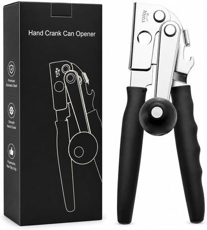 Manual Can Opener with Magnet, Heavy Duty Hand Can and Bottle Opener with Stainless Steel Blade and Rubber Grip, Smooth Cutting Hand Can Openers for Senior, Magnetic Lid Remover Kitchen Tool (Black)