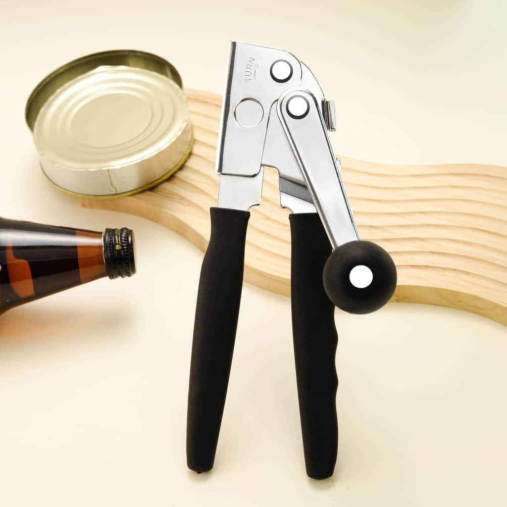 Manual Can Opener with Magnet, Heavy Duty Hand Can and Bottle Opener with Stainless Steel Blade and Rubber Grip, Smooth Cutting Hand Can Openers for Senior, Magnetic Lid Remover Kitchen Tool (Black)