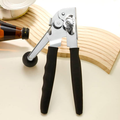 Manual Can Opener with Magnet, Heavy Duty Hand Can and Bottle Opener with Stainless Steel Blade and Rubber Grip, Smooth Cutting Hand Can Openers for Senior, Magnetic Lid Remover Kitchen Tool (Black)