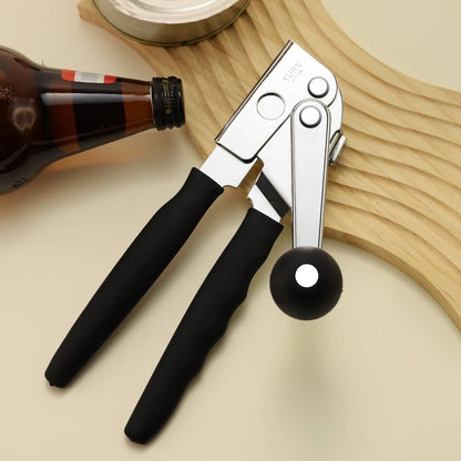 Manual Can Opener with Magnet, Heavy Duty Hand Can and Bottle Opener with Stainless Steel Blade and Rubber Grip, Smooth Cutting Hand Can Openers for Senior, Magnetic Lid Remover Kitchen Tool (Black)