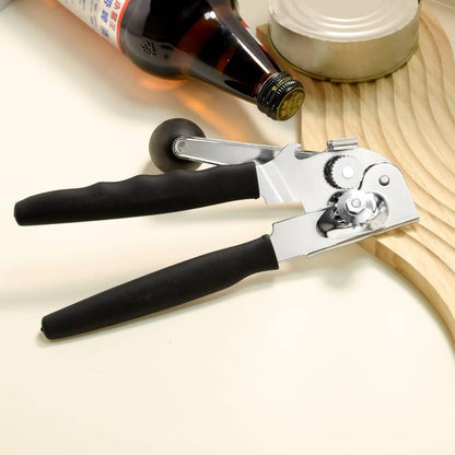 Manual Can Opener with Magnet, Heavy Duty Hand Can and Bottle Opener with Stainless Steel Blade and Rubber Grip, Smooth Cutting Hand Can Openers for Senior, Magnetic Lid Remover Kitchen Tool (Black)