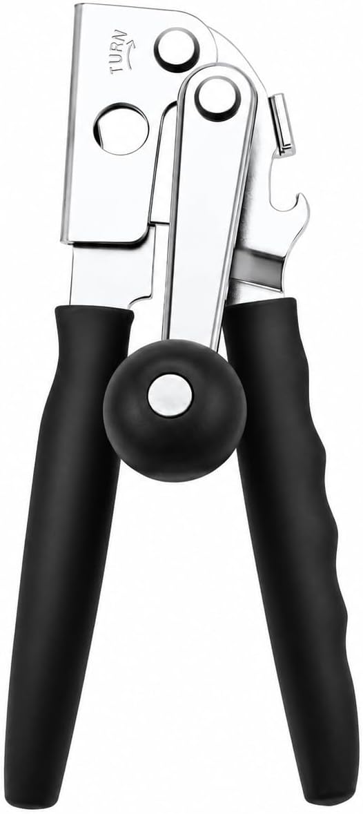 Manual Can Opener with Magnet, Heavy Duty Hand Can and Bottle Opener with Stainless Steel Blade and Rubber Grip, Smooth Cutting Hand Can Openers for Senior, Magnetic Lid Remover Kitchen Tool (Black)