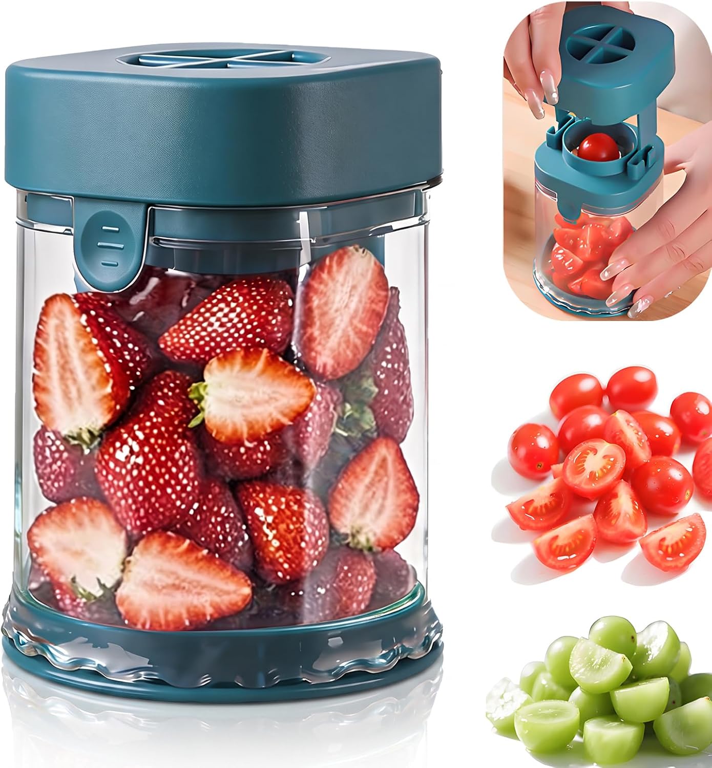 Grape Cutter for Toddlers & Baby, Blue | Fruit Slicer Cup, 304 Stainless Steel Blades, Quarters Grapes Strawberries Cherry Tomatoes into 4 Pieces, Non-Slip