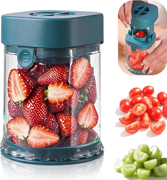 Grape Cutter for Toddlers & Baby, Blue | Fruit Slicer Cup, 304 Stainless Steel Blades, Quarters Grapes Strawberries Cherry Tomatoes into 4 Pieces, Non-Slip