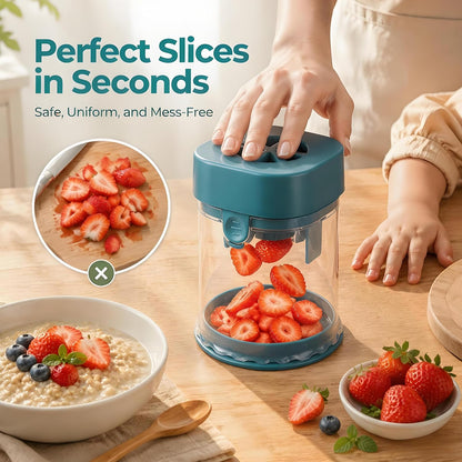 Grape Cutter for Toddlers & Baby, Blue | Fruit Slicer Cup, 304 Stainless Steel Blades, Quarters Grapes Strawberries Cherry Tomatoes into 4 Pieces, Non-Slip