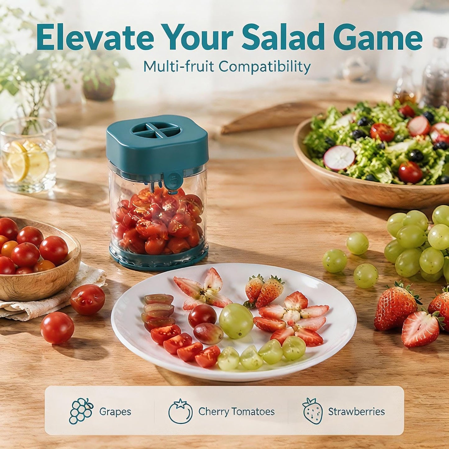Grape Cutter for Toddlers & Baby, Blue | Fruit Slicer Cup, 304 Stainless Steel Blades, Quarters Grapes Strawberries Cherry Tomatoes into 4 Pieces, Non-Slip