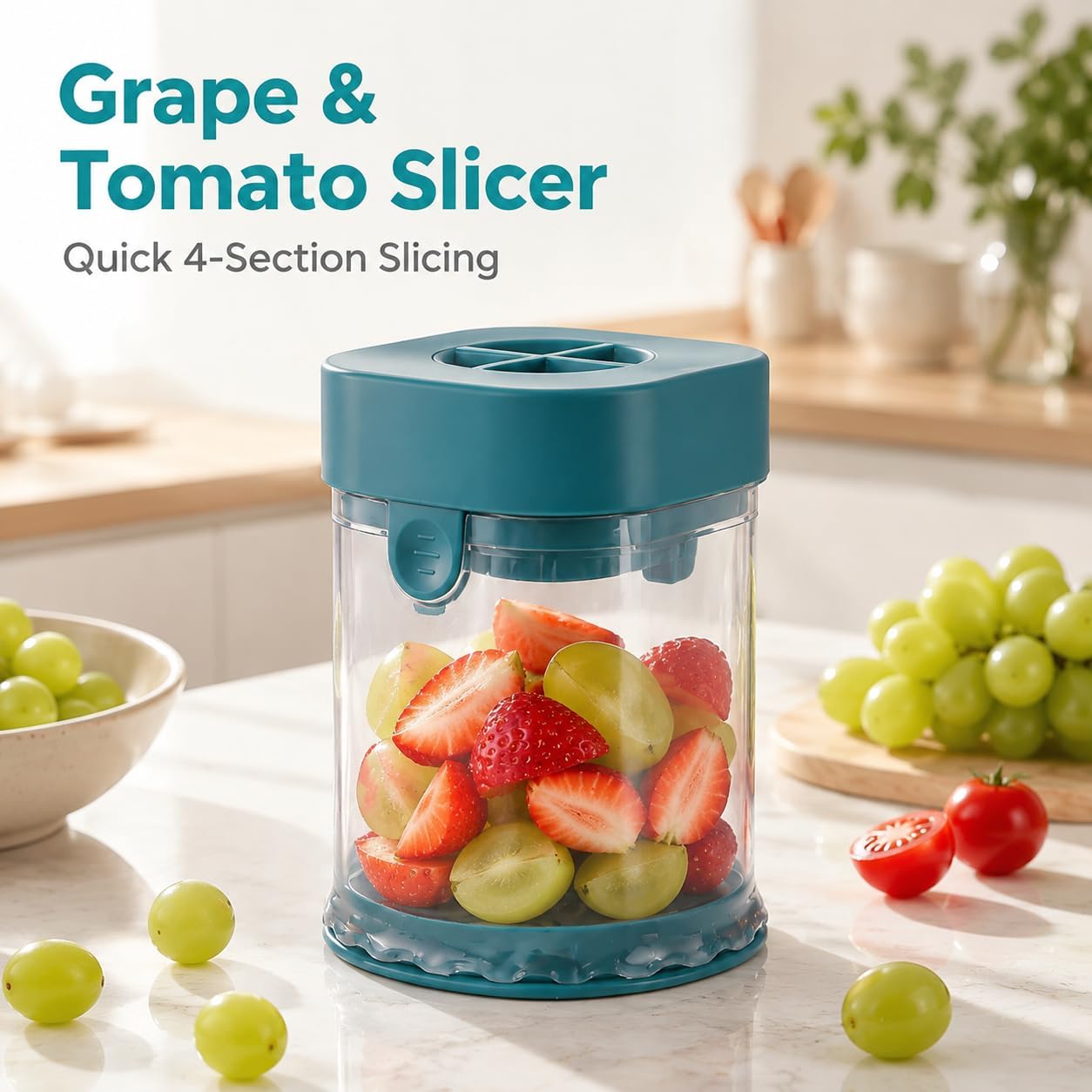 Grape Cutter for Toddlers & Baby, Blue | Fruit Slicer Cup, 304 Stainless Steel Blades, Quarters Grapes Strawberries Cherry Tomatoes into 4 Pieces, Non-Slip