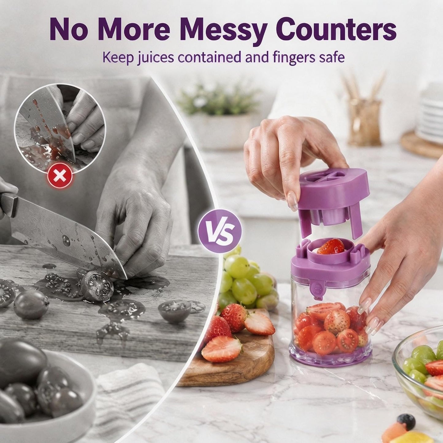 Grape Cutter for Toddlers & Baby, Blue | Fruit Slicer Cup, 304 Stainless Steel Blades, Quarters Grapes Strawberries Cherry Tomatoes into 4 Pieces, Non-Slip