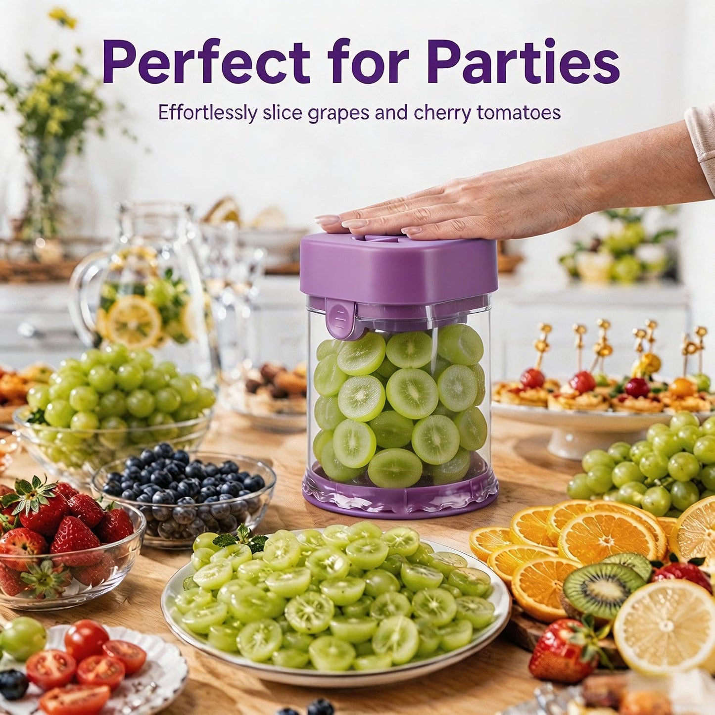 Grape Cutter for Toddlers & Baby, Blue | Fruit Slicer Cup, 304 Stainless Steel Blades, Quarters Grapes Strawberries Cherry Tomatoes into 4 Pieces, Non-Slip