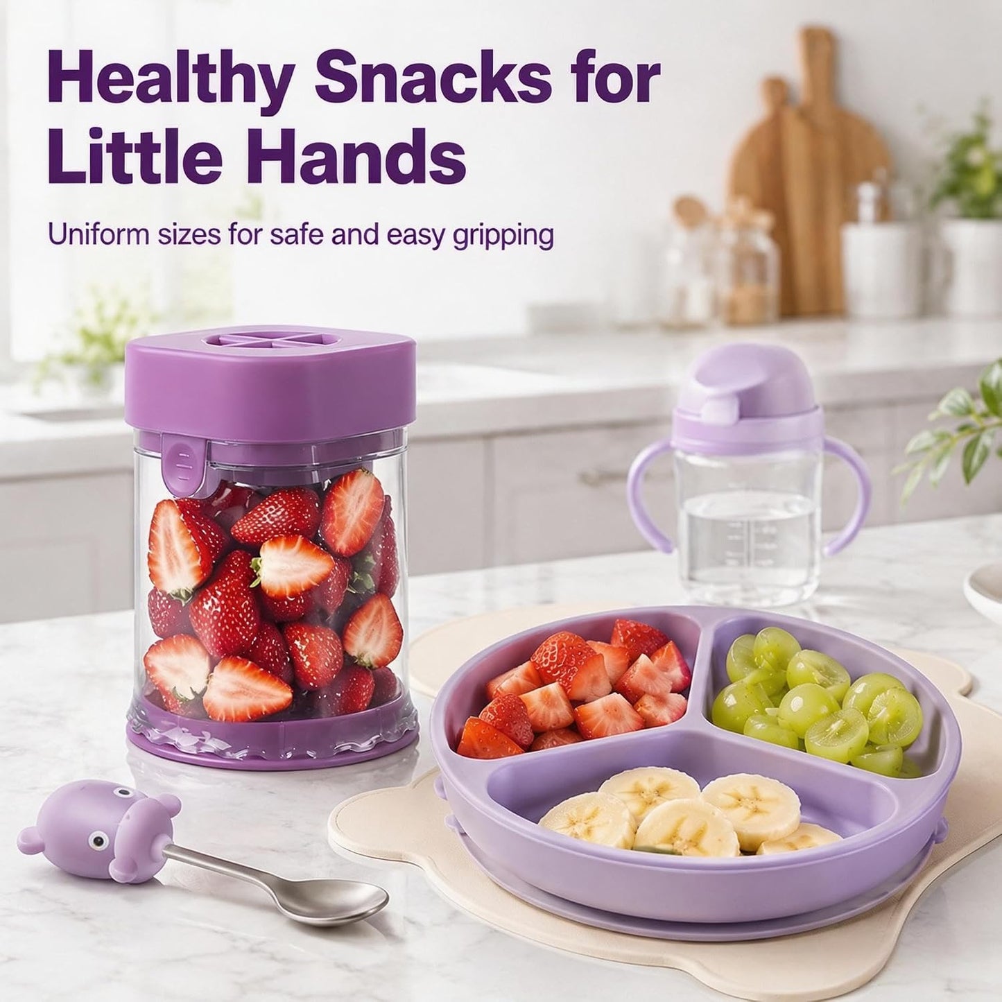 Grape Cutter for Toddlers & Baby, Blue | Fruit Slicer Cup, 304 Stainless Steel Blades, Quarters Grapes Strawberries Cherry Tomatoes into 4 Pieces, Non-Slip