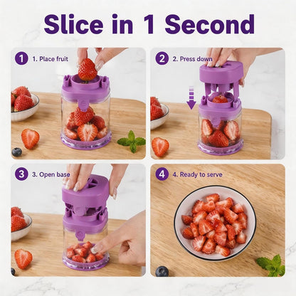 Grape Cutter for Toddlers & Baby, Blue | Fruit Slicer Cup, 304 Stainless Steel Blades, Quarters Grapes Strawberries Cherry Tomatoes into 4 Pieces, Non-Slip