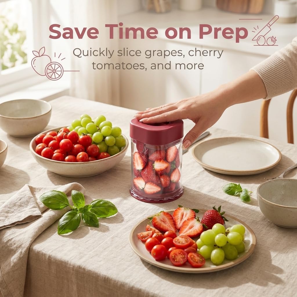 Grape Cutter for Toddlers & Baby, Blue | Fruit Slicer Cup, 304 Stainless Steel Blades, Quarters Grapes Strawberries Cherry Tomatoes into 4 Pieces, Non-Slip